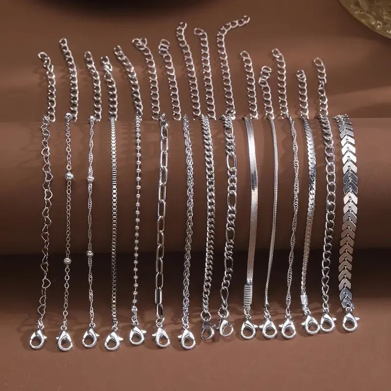 Heicobazaar™ 15 Piece Set Silver Color Chain Bead Bracelets