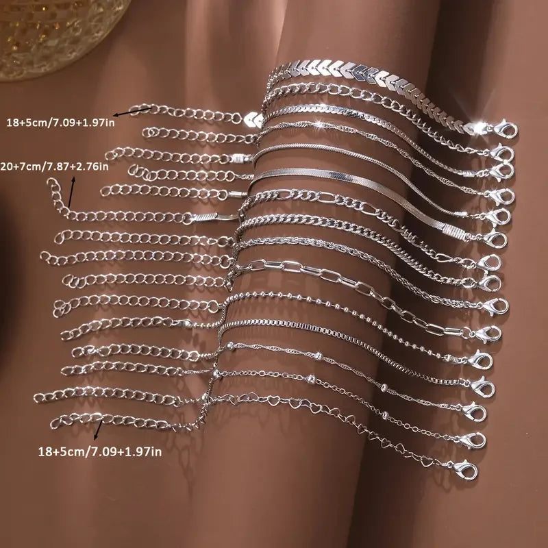 Heicobazaar™ 15 Piece Set Silver Color Chain Bead Bracelets