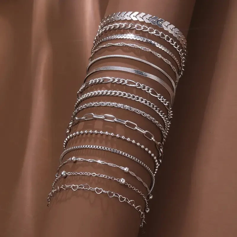 Heicobazaar™ 15 Piece Set Silver Color Chain Bead Bracelets