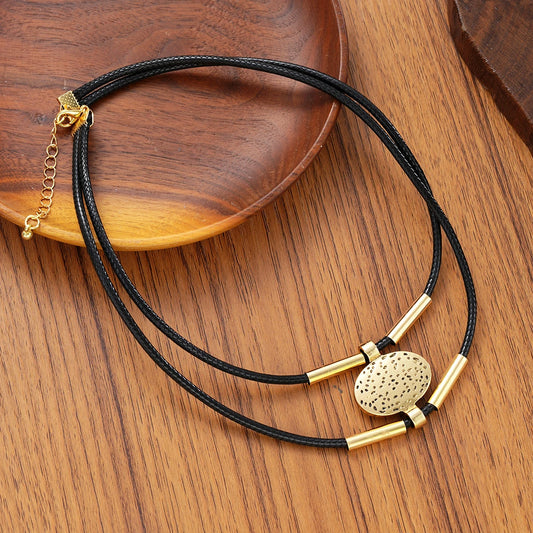 Heicobazaar™ Vintage Oval Metal Faux Leather Necklace Bracelet